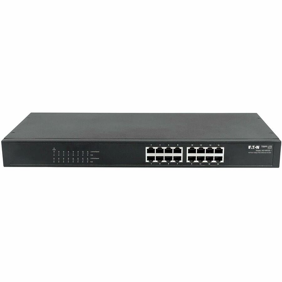 Eaton Tripp Lite Series 16-Port 10/100/1000 Mbps Gigabit Ethernet Unmanaged Switch with PoE+, 220W, Metal Enclosure, 1U Rack — NG16POE-1