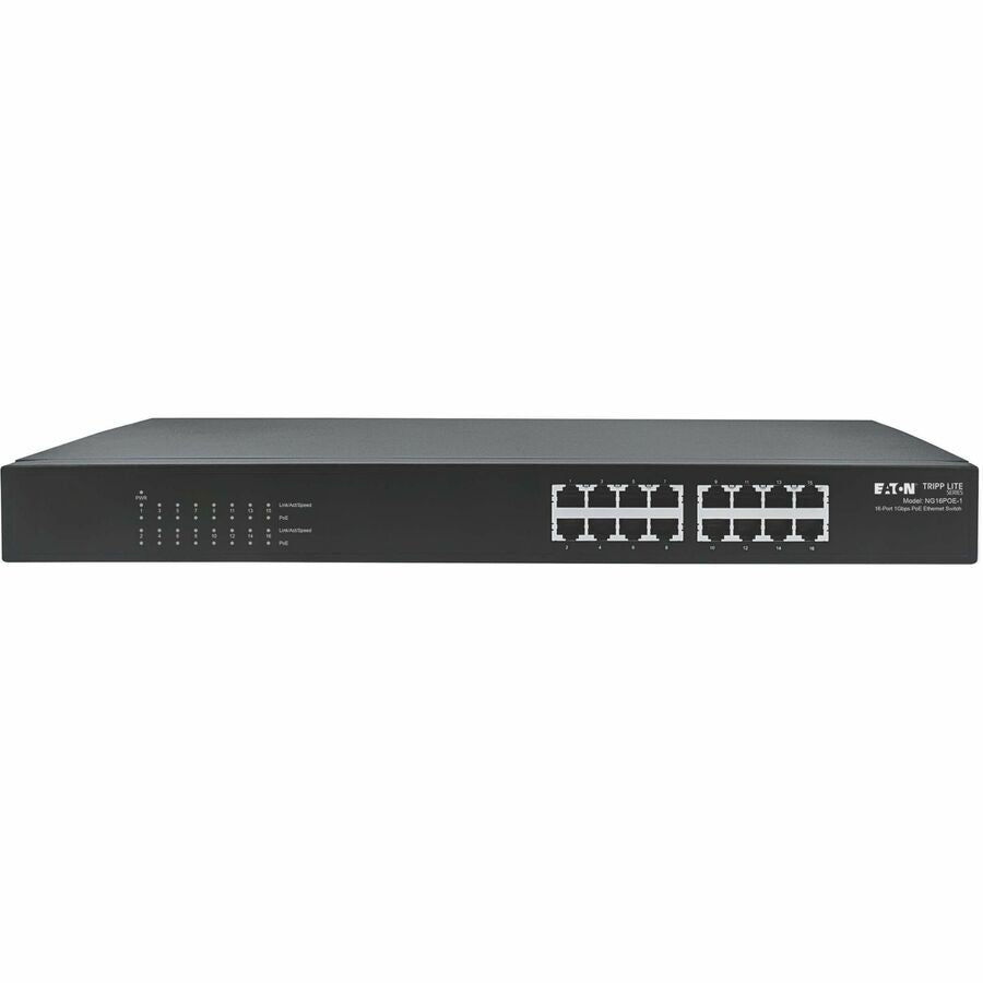Eaton Tripp Lite Series 16-Port 10/100/1000 Mbps Gigabit Ethernet Unmanaged Switch with PoE+, 220W, Metal Enclosure, 1U Rack — NG16POE-1