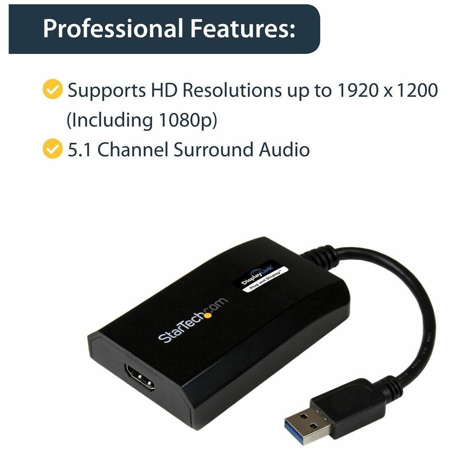 StarTech.com USB 3.0 to HDMI Adapter, DisplayLink Certified, 1920x1200, USB-A to HDMI Display Adapter, External Graphics Card for Mac/PC — USB32HDPRO