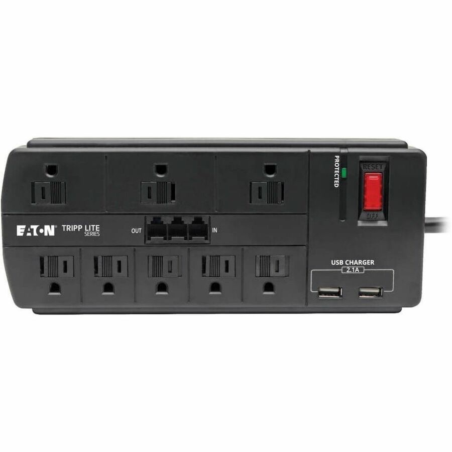 Eaton Tripp Lite Series 8-Outlet Surge Protector with 2 USB Ports (2.1A Shared) - 8 ft. (2.43 m) Cord, 1200 Joules, Tel/Modem, Black — TLP88TUSBB