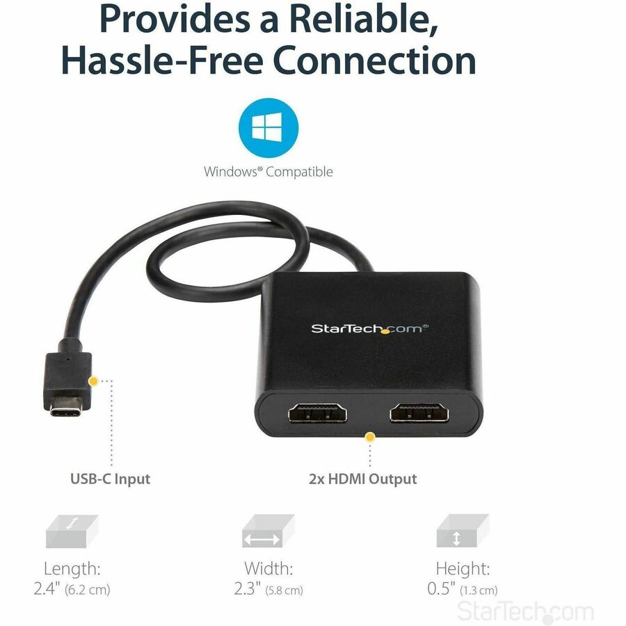 StarTech.com USB-C to Dual HDMI Adapter, USB Type-C Multi-Monitor MST Hub, Dual 4K 30Hz HDMI Laptop Display Extender/Splitter, Windows~ — MSTCDP122HD