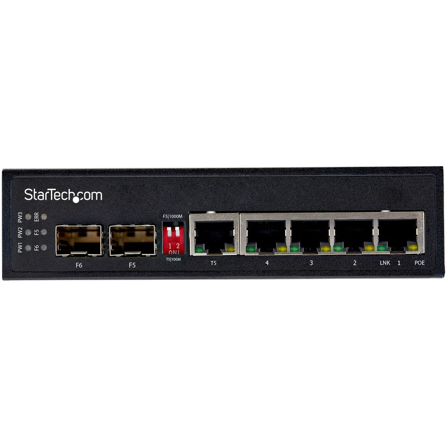 StarTech.com Industrial 6 Port Gigabit Ethernet Switch 4 PoE RJ45 +2 SFP Slots 30W PoE+ 48VDC 10/100/1000 Mbps -40C to 75C w/DIN Connector — IES1G52UPDIN