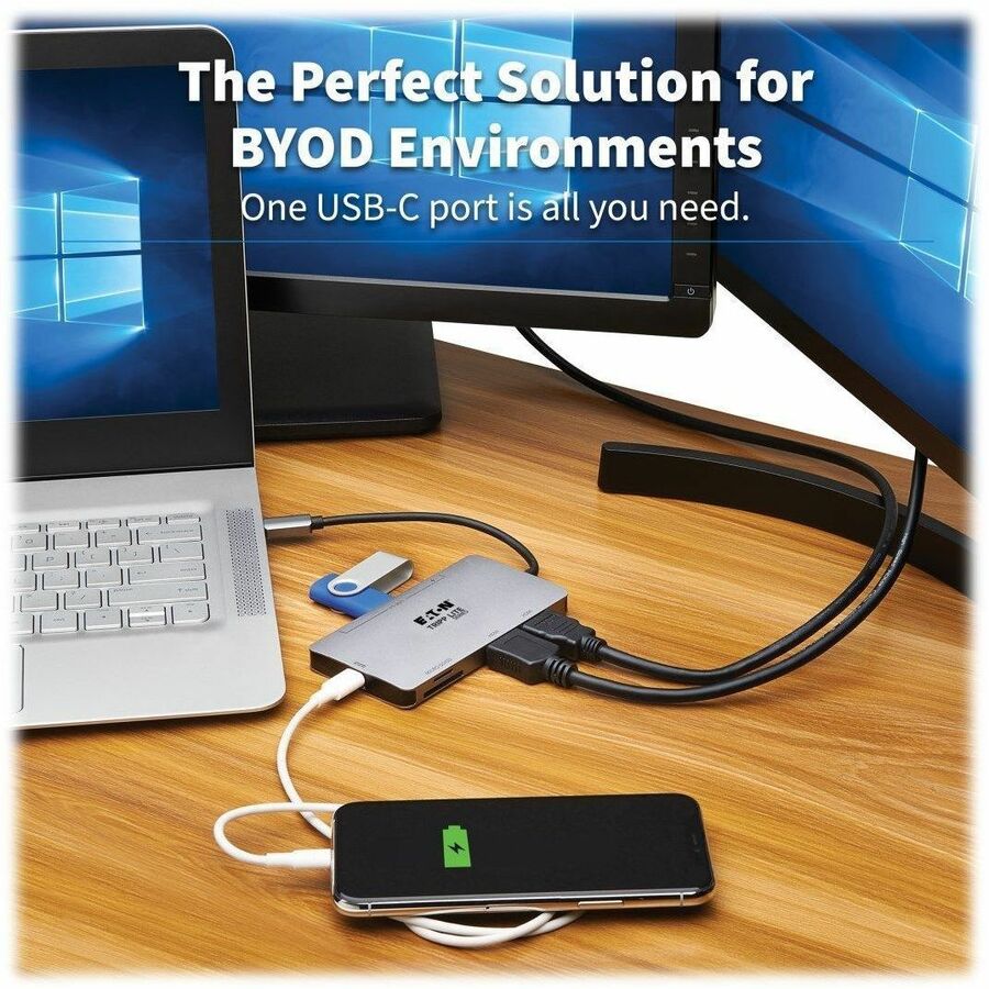 Eaton Tripp Lite Series USB-C Dock, Dual Display - 4K 60 Hz HDMI, USB 3.x (5Gbps) Hub Ports, Memory Card, 100W PD Charging, Gray — U442-DOCK8-GG