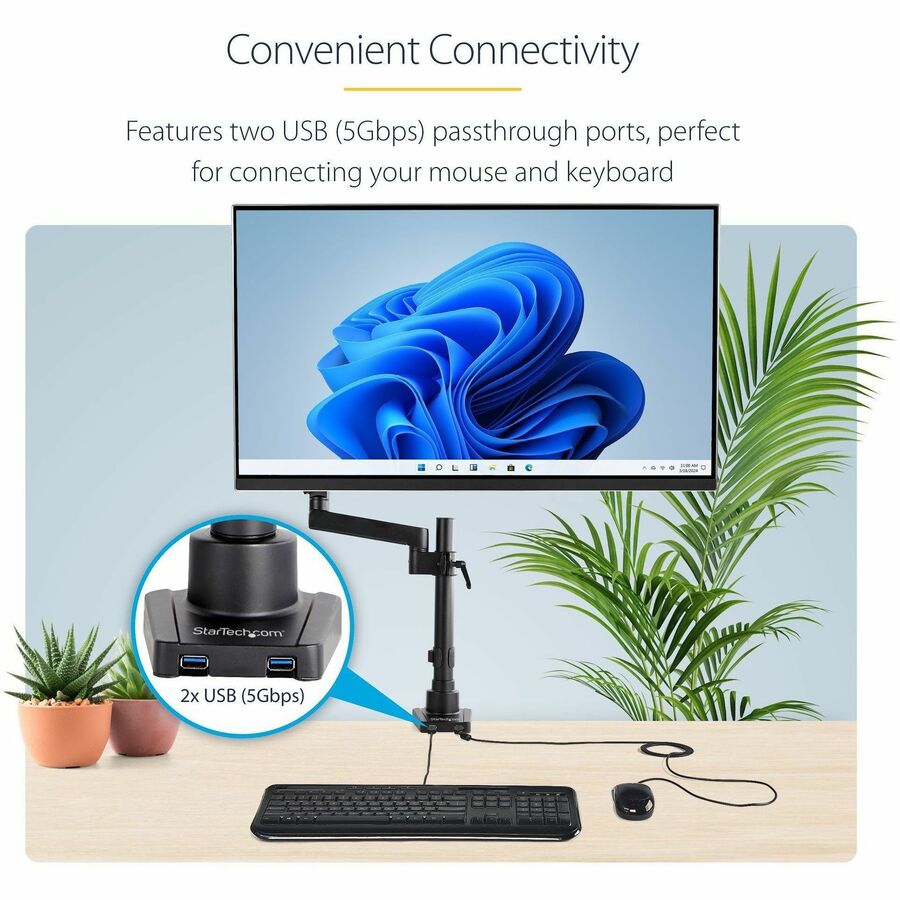 StarTech.com Desk Mount Monitor Arm with 2x USB 3.0 ports for VESA Display up to 34" (17.6lb/8kg), C-Clamp/Grommet, Mechanical Spring — ARMPIVOT2USB3