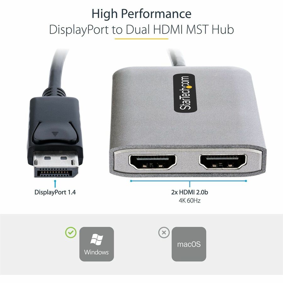 StarTech.com DP to Dual HDMI MST HUB, Dual HDMI 4K 60Hz, 2 Port DisplayPort Multi Monitor Adapter with 1ft/30cm Cable, DP 1.4 | DSC | HBR3 — MST14DP122HD