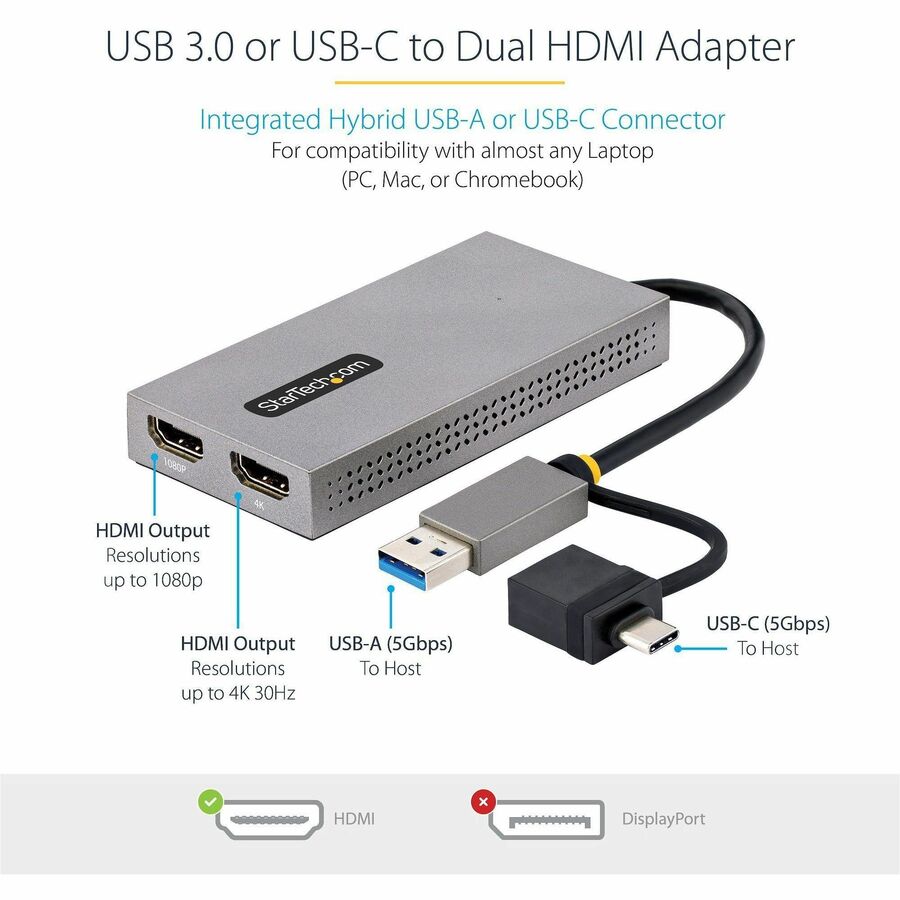 StarTech.com USB to Dual HDMI Adapter, USB A/C to 2x HDMI Displays (1x 4K30, 1x 1080p), USB 3.0 to HDMI Converter, 4in/11cm Cable, Win/Mac — 107B-USB-HDMI