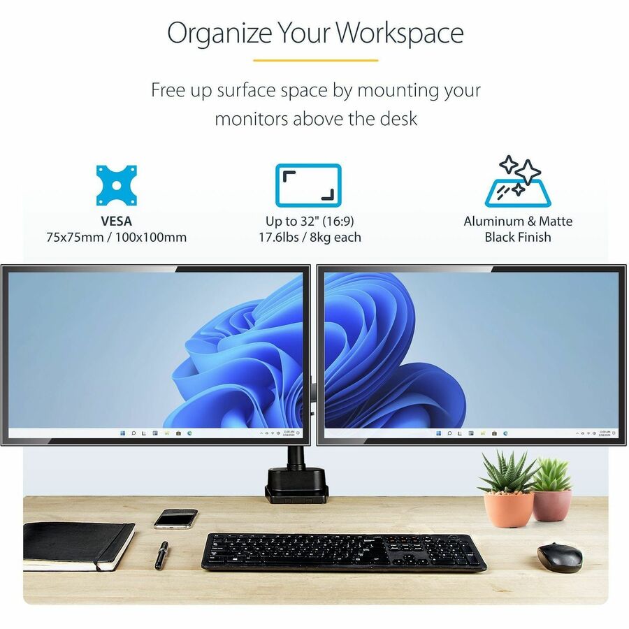 StarTech.com Desk Mount Dual Monitor Arm, Height Adjustable Monitor Mount for 2x VESA Displays up to 32" (17.6lb/8kg), Mechanical Spring — ARMDUALPIVOT