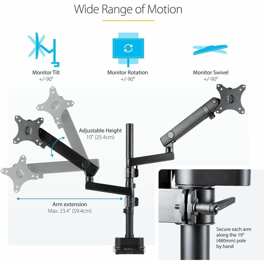 StarTech.com Desk Mount Dual Monitor Arm, Height Adjustable Monitor Mount for 2x VESA Displays up to 32" (17.6lb/8kg), Mechanical Spring — ARMDUALPIVOT