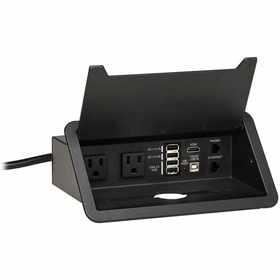 Eaton Tripp Lite Series Power It! 2-Outlet In-Desk Power and Charging Dock - 4x USB-A, USB-B, HDMI, RJ11, RJ45, 10 ft. Cord, Antimicrobial Protection, Black — PS222DATAM