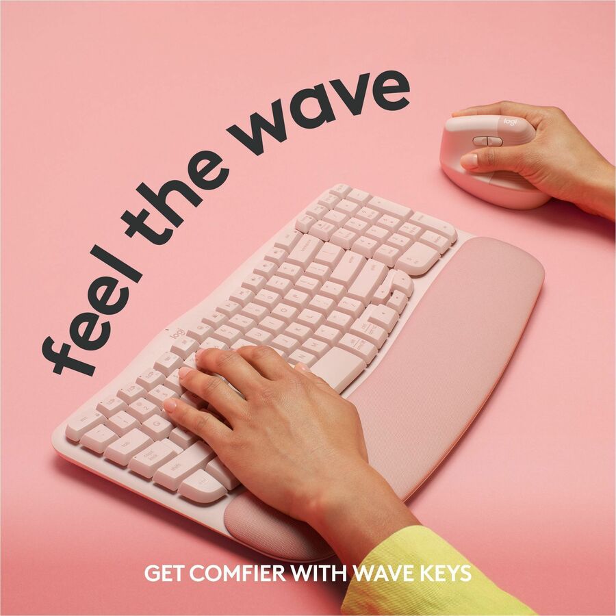 Logitech Wave Keys Wireless Ergonomic Keyboard with Cushioned Palm Rest, Comfortable Natural Typing, Easy-Switch, Rose — 920-012276