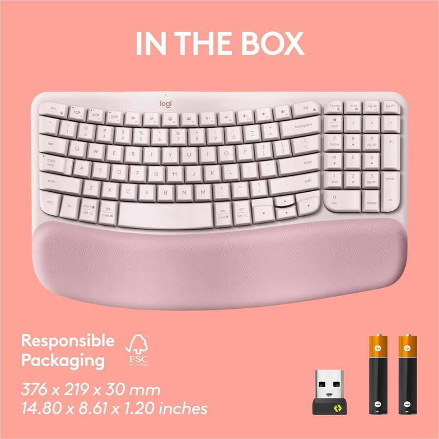 Logitech Wave Keys Wireless Ergonomic Keyboard with Cushioned Palm Rest, Comfortable Natural Typing, Easy-Switch, Rose — 920-012276