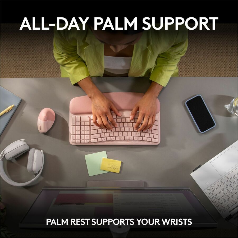 Logitech Wave Keys Wireless Ergonomic Keyboard with Cushioned Palm Rest, Comfortable Natural Typing, Easy-Switch, Rose — 920-012276