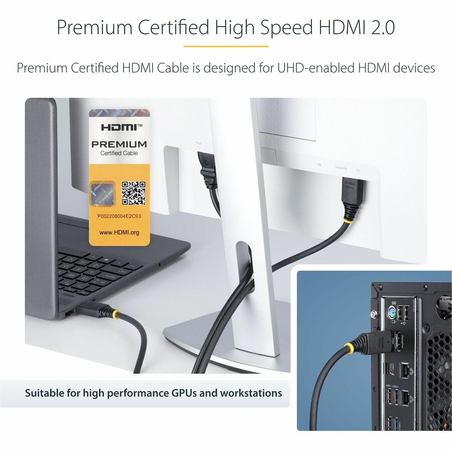StarTech.com 3ft (0.9m) Premium Certified High Speed HDMI Cable, 4K 60Hz/1440p 144Hz, 18Gbps, UHD HDMI 2.0 Cord, TPE Jacket — HDMI2-CABLE-4K60-3F