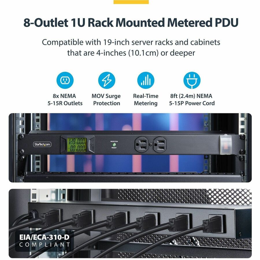 StarTech.com 8-Outlet Horizontal Rack Mount PDU, 1U Server Power Distribution Strip w/Surge Protector, 125V/15A, 8ft/2.4m Power Cord, TAA — 8NM8-RACK-MOUNT-PDU