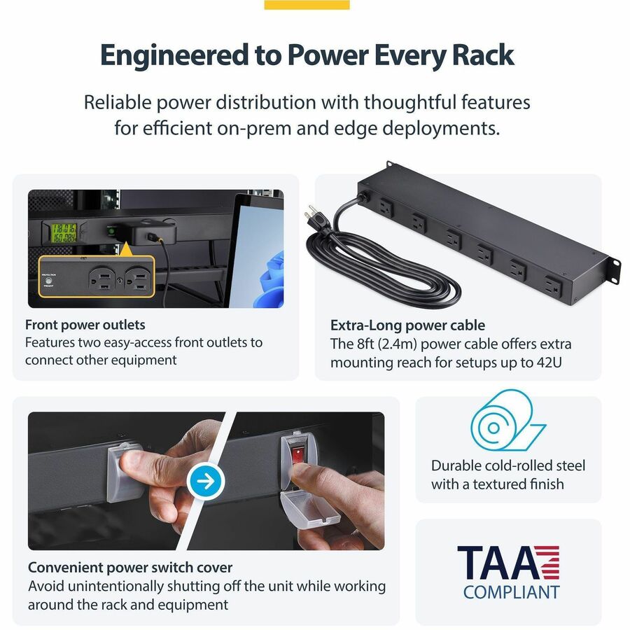 StarTech.com 8-Outlet Horizontal Rack Mount PDU, 1U Server Power Distribution Strip w/Surge Protector, 125V/15A, 8ft/2.4m Power Cord, TAA — 8NM8-RACK-MOUNT-PDU