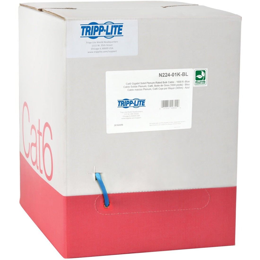 Eaton Tripp Lite Series Cat6 Gigabit Solid Core Plenum-Rated UTP CMP PVC Bulk Ethernet Cable, Blue, 1000 ft. (304.8 m), TAA — N224-01K-BL