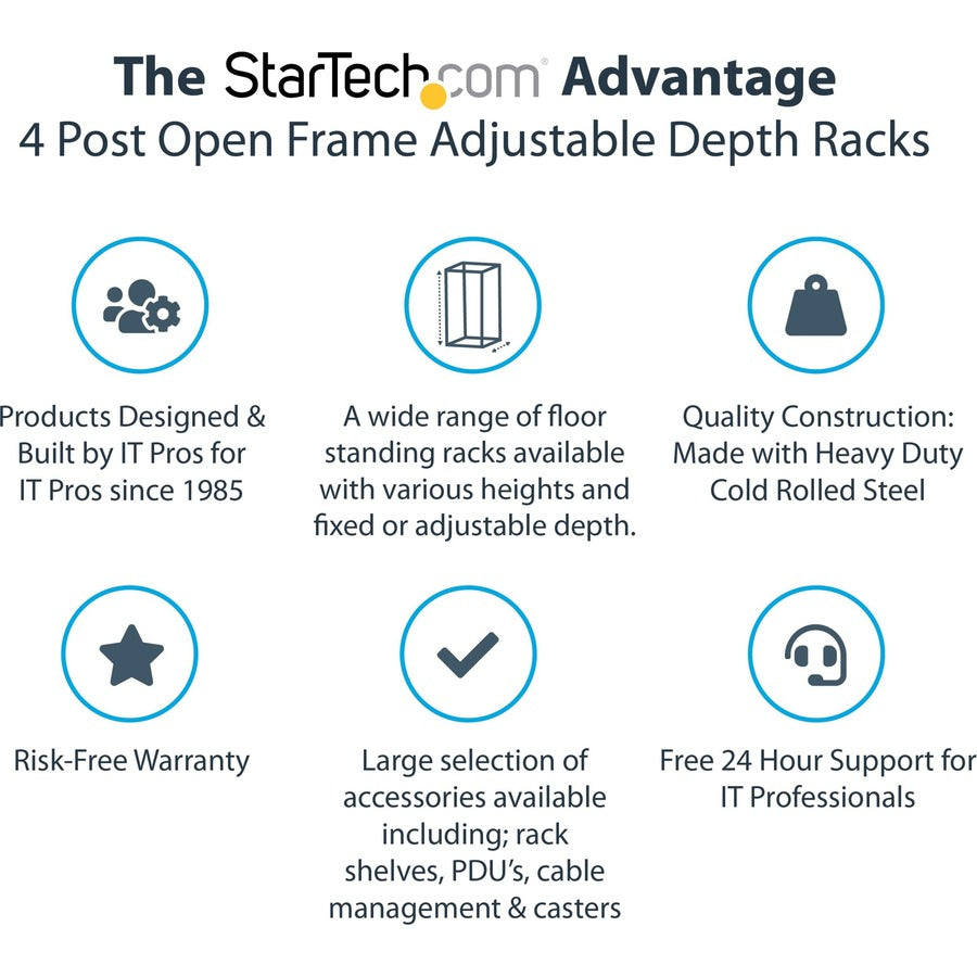 StarTech.com 4-Post 15U Mobile Open Frame Server Rack, 19" Network Rack with Casters, Rolling Rack for Computer/AV/Data/IT Equipment — 4POSTRACK15U