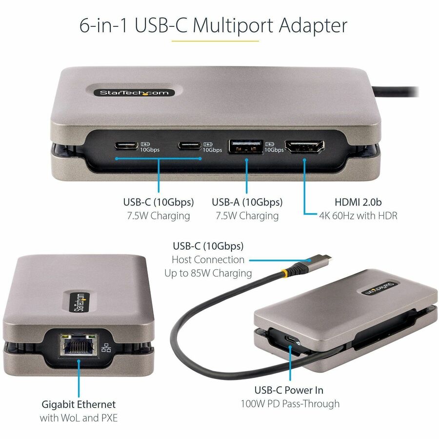 StarTech.com USB-C Multiport Adapter, 4K 60Hz HDMI (HDR), USB 3.2 Gen 2 10Gbps Hub (2xUSB-C/1xUSB-A), 100W PD Pass-Through, GbE, Mini Dock — DKT31CH2CPD3