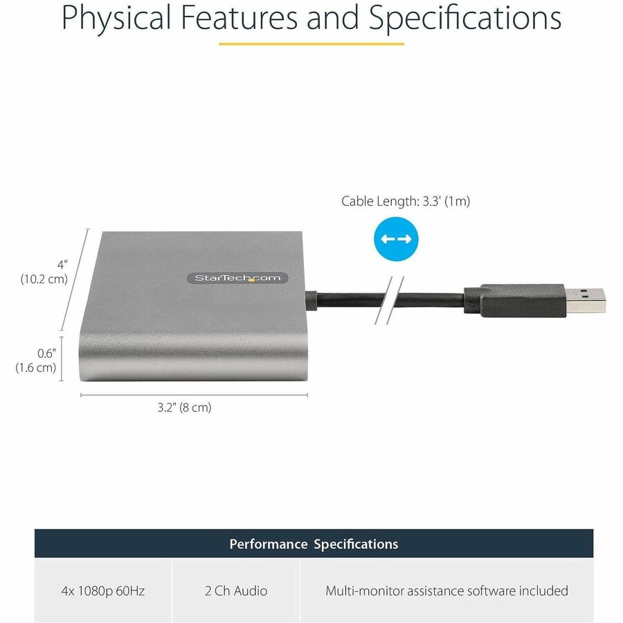 StarTech.com USB 3.0 to Quad HDMI Adapter, USB to 4x HDMI Monitor Converter for Windows (no support for macOS/ChromeOS/Linux) - TAA — USB32HD4