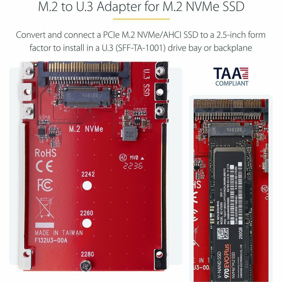 StarTech.com M.2 to U.3 Adapter, For M.2 NVMe SSDs, PCIe M.2 Drive to 2.5inch U.3 (SFF-TA-1001) Host Adapter/Converter, TAA Compliant — 1M25-U3-M2-ADAPTER