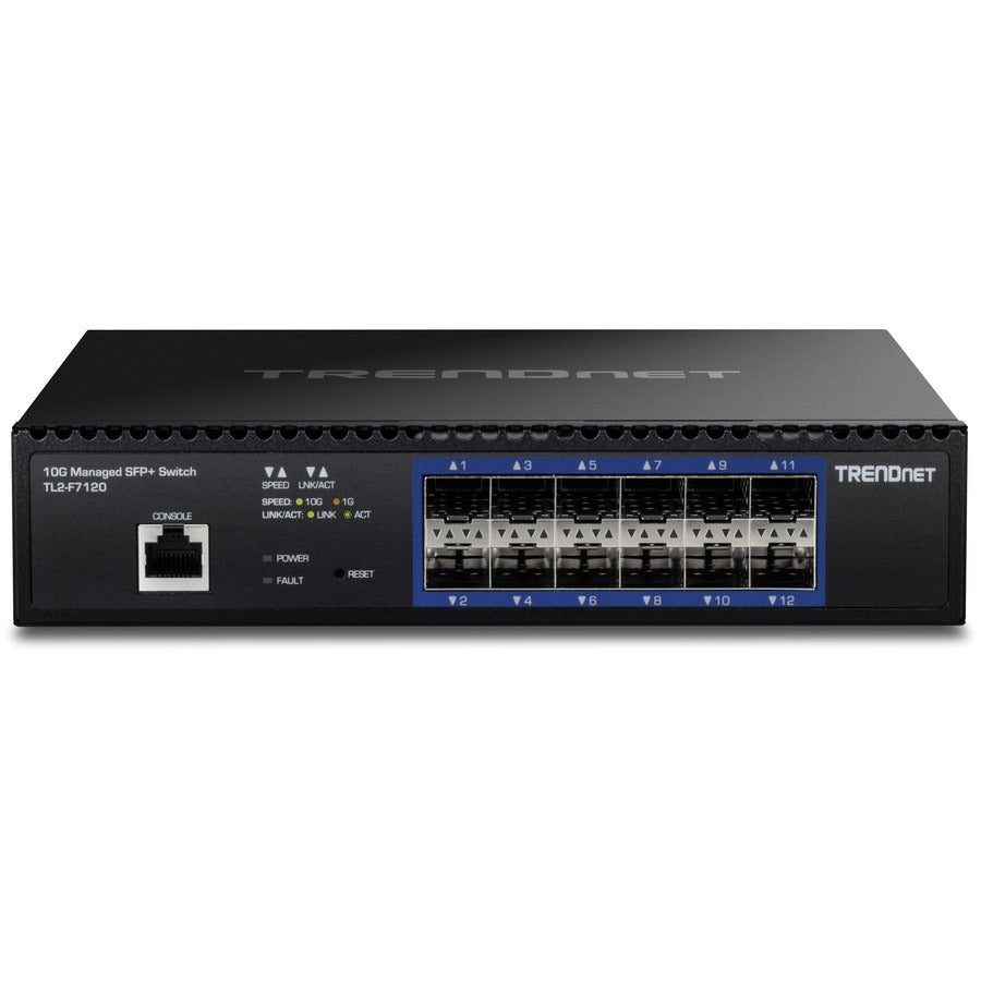 TRENDnet 12-Port 10G Layer 2 Managed SFP+ Switch, TL2-F7120, 12 x 10G SFP+ Ports, 240Gbps, Ethernet Splitter, NDAA & TAA Compliant, Lifetime Protection, Black — TL2-F7120