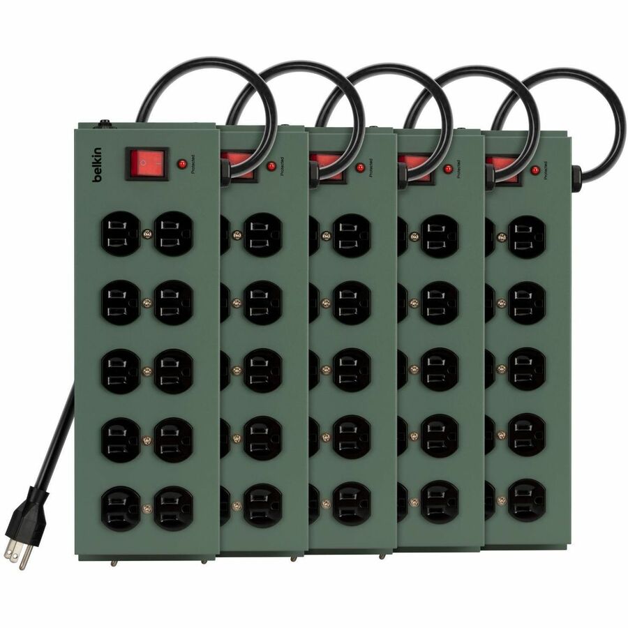 Belkin 10-Outlet Metal Surge Protector - 15ft Cord - Straight Plug - 885J - On-Off Switch - Green (5-pack) — F9D1000-155PK
