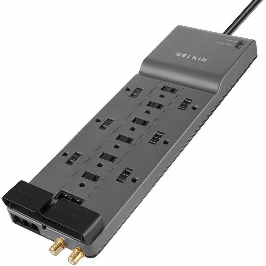 Belkin 12-Outlet Surge Protector - 8ft Cord - Right Angle Plug - 4120J - Telephone, Coaxial Protection - Grey (3-pack) — BE112234-103PK