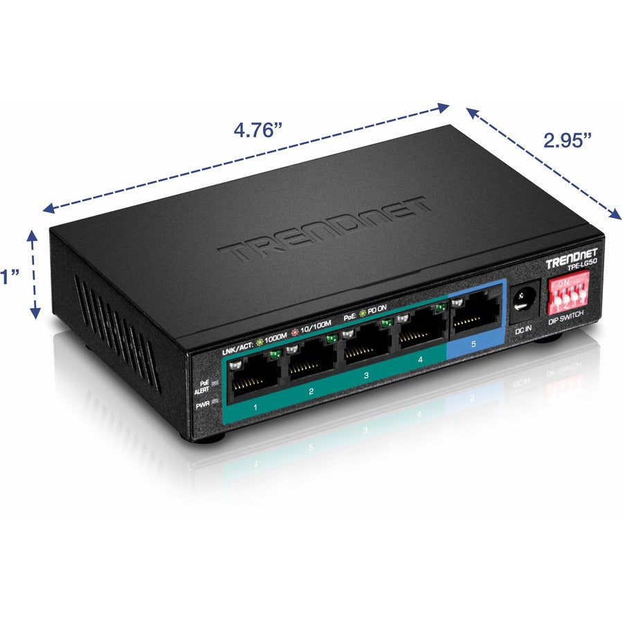 TRENDnet 5-Port Gigabit Long Range PoE+ Switch, 4 x Gigabit PoE+ Ports, 1 x Gigabit Port, 32W PoE Budget, 10Gbps Switching Capacity, Extends PoE+ 200m (656 ft), Lifetime Protection, Black, TPE-LG50