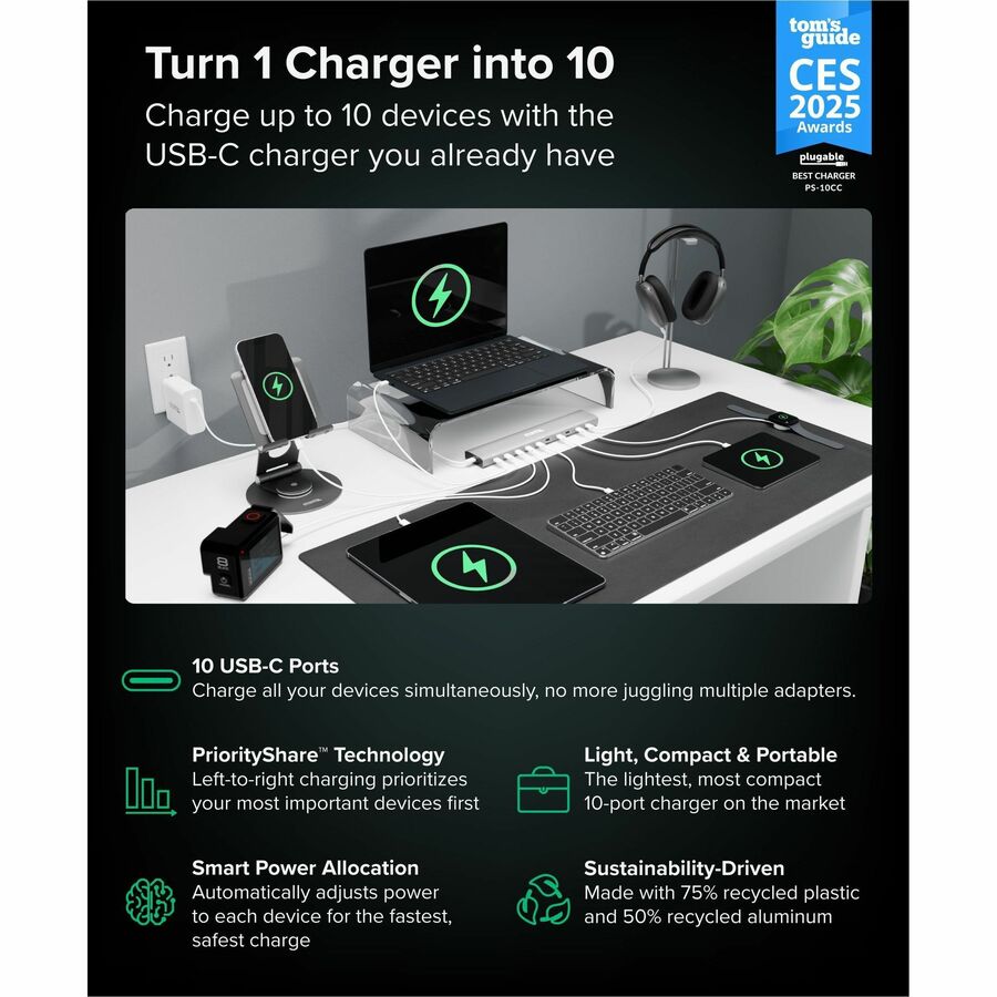 Plugable 10 Port USB C Charging Station, Up to 100W Charger for Multiple Devices with Priority Charging — PS-10CC