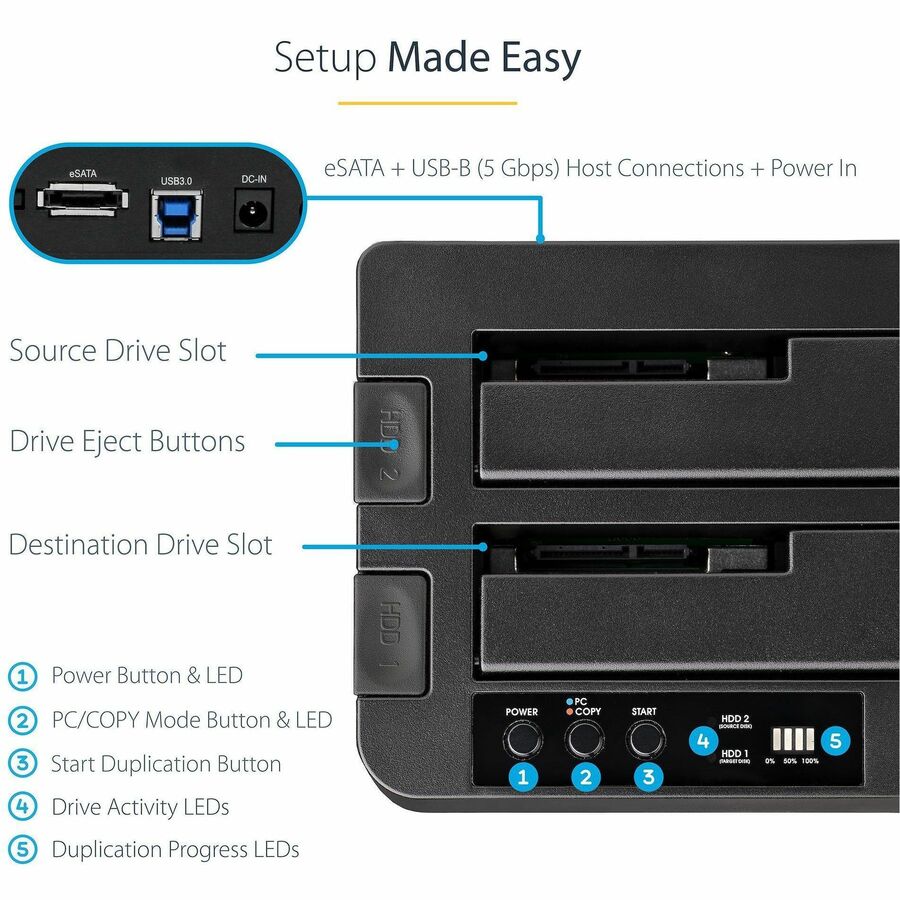 StarTech.com Dual Bay Hard Drive Duplicator Dock, Standalone HDD/SSD Cloner/Copier, USB 3.0 / eSATA to SATA III Hard Drive Cloner — SDOCK2U33RE
