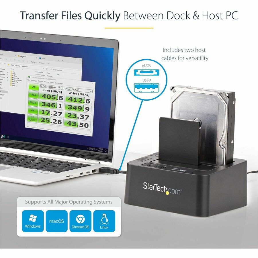 StarTech.com Dual Bay Hard Drive Duplicator Dock, Standalone HDD/SSD Cloner/Copier, USB 3.0 / eSATA to SATA III Hard Drive Cloner — SDOCK2U33RE