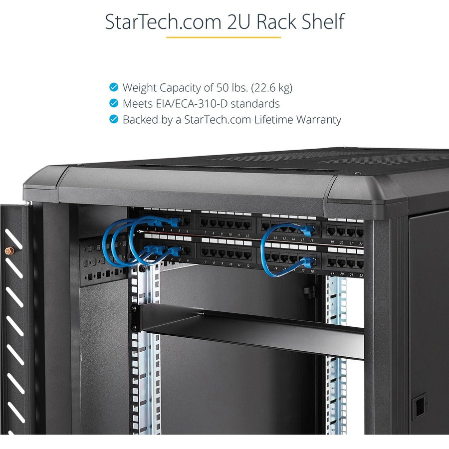 StarTech.com 2U Server Rack Cabinet Shelf - Fixed 22" Deep Cantilever Rackmount Tray for 19" Data/AV/Network Enclosure w/cage nuts, screws — CABSHELF22