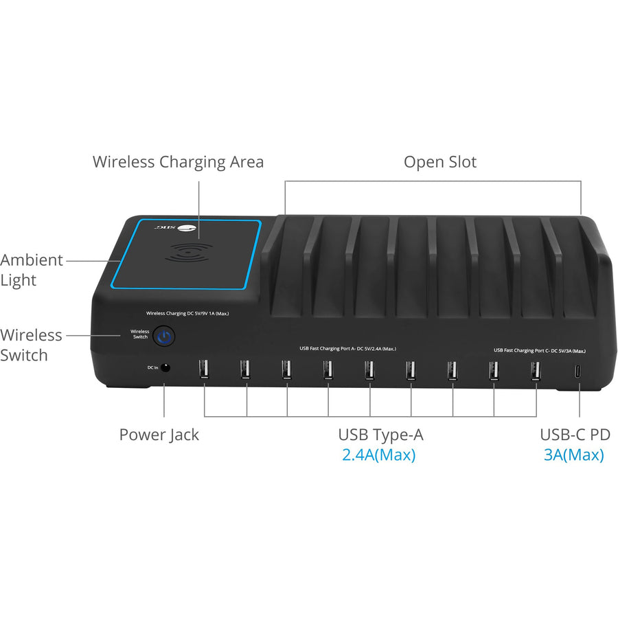 SIIG 10-Port USB-A/C & Wireless Charging Station With Ambient Light Deck — AC-PW1H11-S1