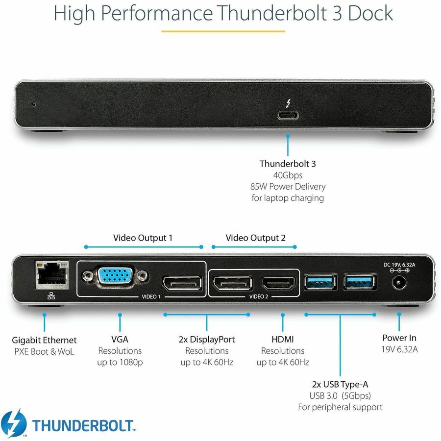 StarTech.com Thunderbolt 3 Dock, Dual 4K 60Hz Monitor TB3 Docking Station with DisplayPort, HDMI & 1080p VGA, 85W Power Delivery, TAA — TB3DK2DHV