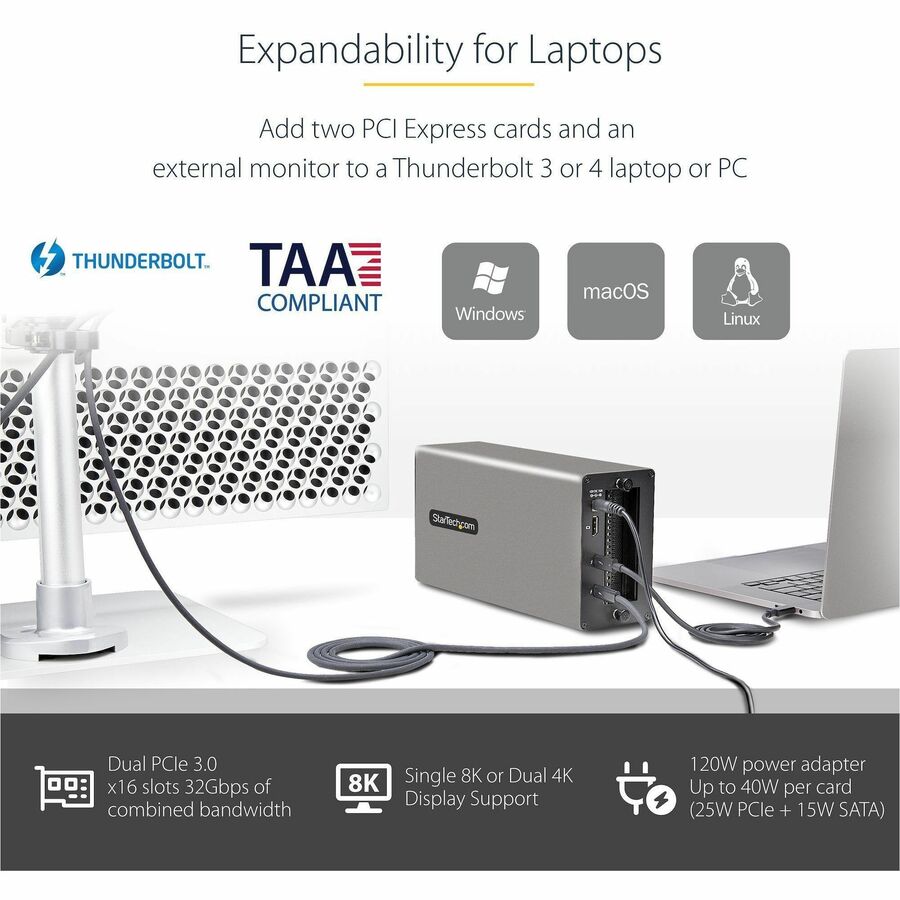 StarTech.com Thunderbolt 3 PCIe Expansion Chassis, Enclosure Box w/Dual PCI-E Slots, External PCIe Slots, 8K/4K Output Via TB3/DP 1.4, TAA — 2TBT3-PCIE-ENCLOSURE