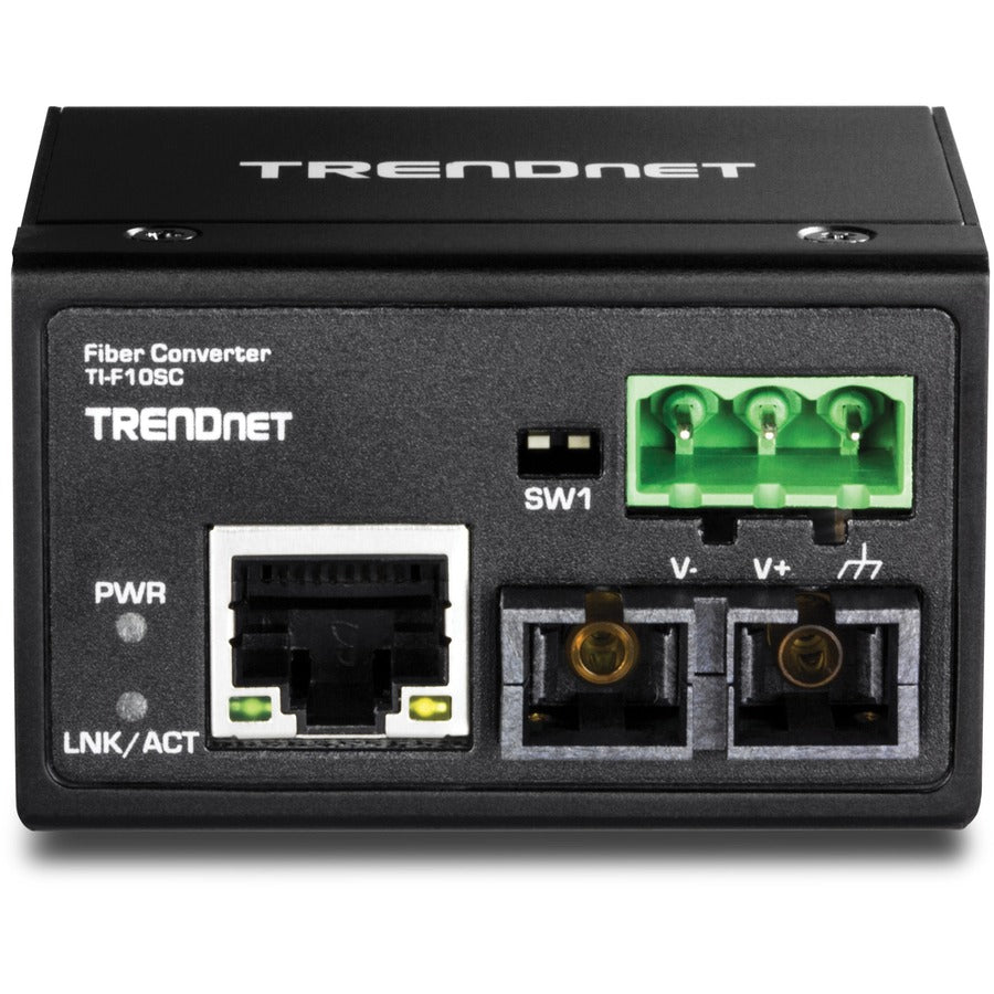 TRENDnet Hardened Industrial 100Base-FX Multi-Mode SC Fiber Converter, (2km, 1.2 Miles), IP40 Rated Housing, TI-F10SC,Black,Lifetime Protection — TI-F10SC