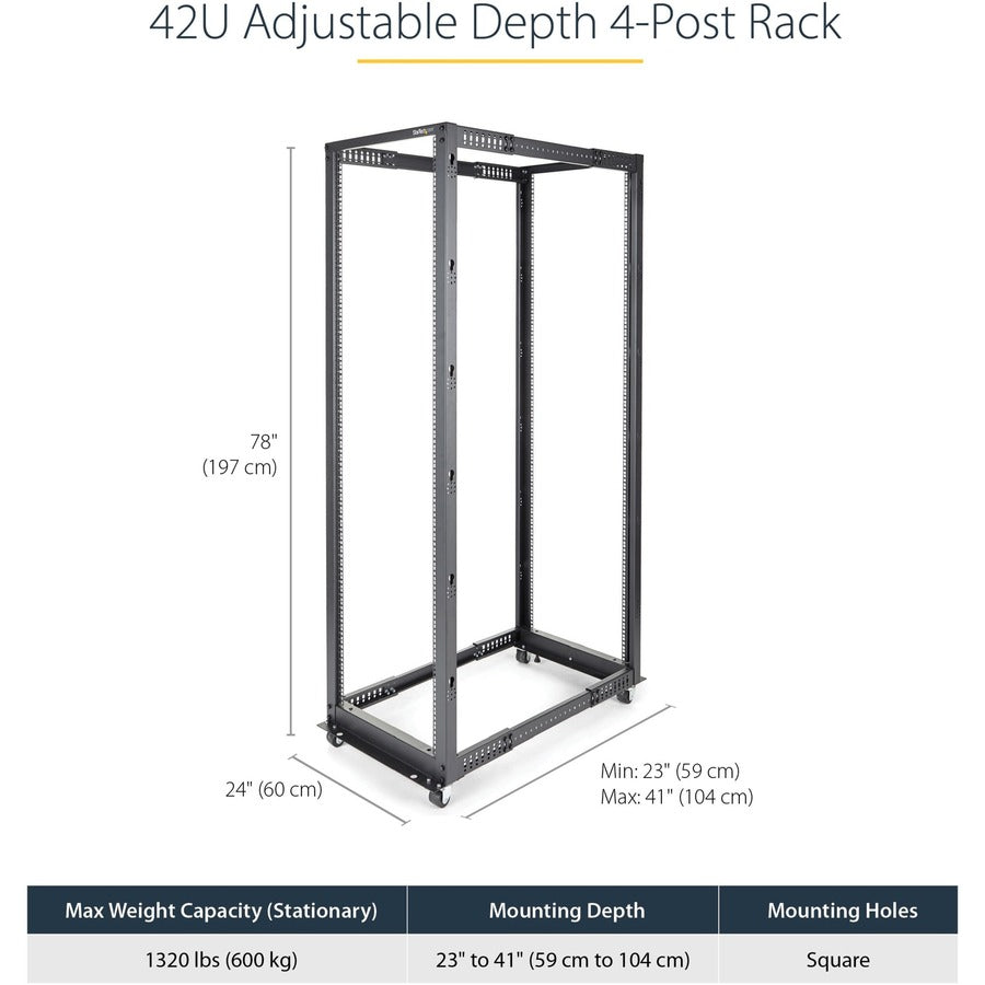 StarTech.com 4-Post 42U Mobile Open Frame Server Rack, 19" Network Rack with Casters, Rolling Rack for Computer/AV/Data/IT Equipment — 4POSTRACK42