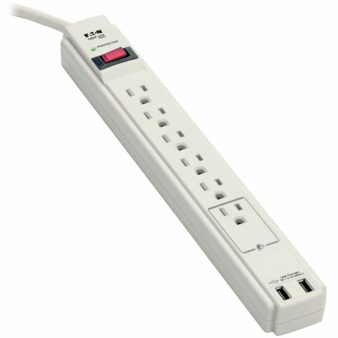 Eaton Tripp Lite Series Protect It! 6-Outlet Surge Protector, 6 ft. (1.83 m) Cord, 990 Joules, 2 x USB Charging ports (2.1A), Gray Housing — TLP606USB