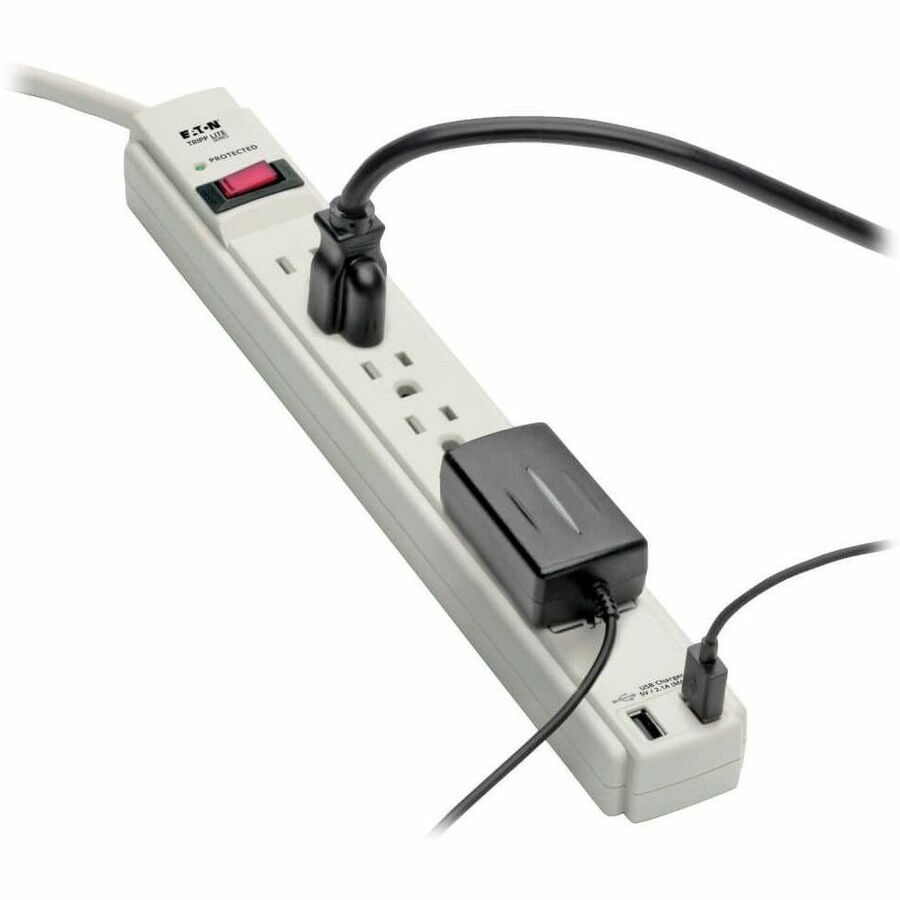 Eaton Tripp Lite Series Protect It! 6-Outlet Surge Protector, 6 ft. (1.83 m) Cord, 990 Joules, 2 x USB Charging ports (2.1A), Gray Housing — TLP606USB