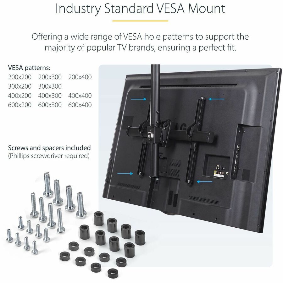 StarTech.com TV Ceiling Mount, Full-Motion Hanging Single Screen Vesa Mount for 32"-75" TVs / Displays - Height Adjustable Telescopic Pole — FPCEILPTBSP