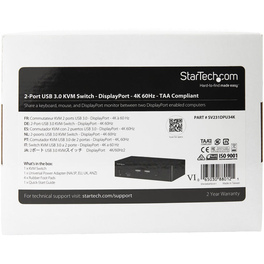 StarTech.com 2 Port DisplayPort KVM Switch - 4K 60Hz - Single Display - UHD DP 1.2 USB KVM Switch with USB 3.0 Hub & Audio - TAA Compliant — SV231DPU34K