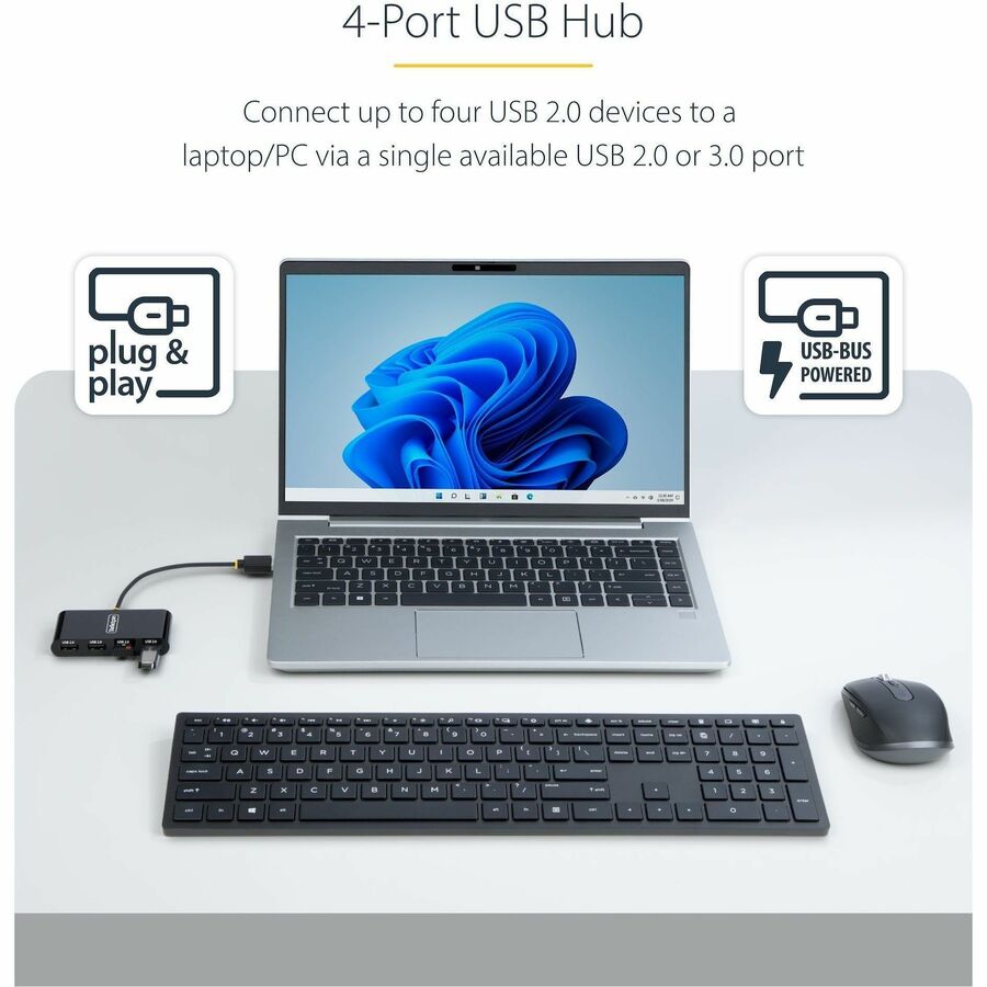 StarTech.com 4-Port USB 2.0 Hub, USB Bus Powered, Small Travel Mini USB Hub, Multi-Port USB 2.0 Splitter, Portable USB Hub, 480Mbps — ST4200MINI2-USB-HUB