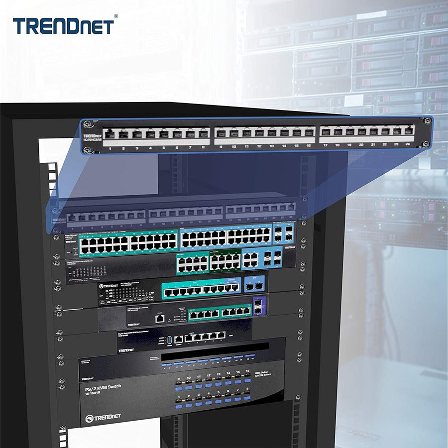 TRENDnet 24-Port Cat6A Shielded Patch Panel, 1U 19" Metal Housing, 10G Ready, Cat5e,Cat6,Cat6A Compatible, Cable Management, Color-Coded Labeling for T568A and T568B Wiring, Black, TC-P24C6AS