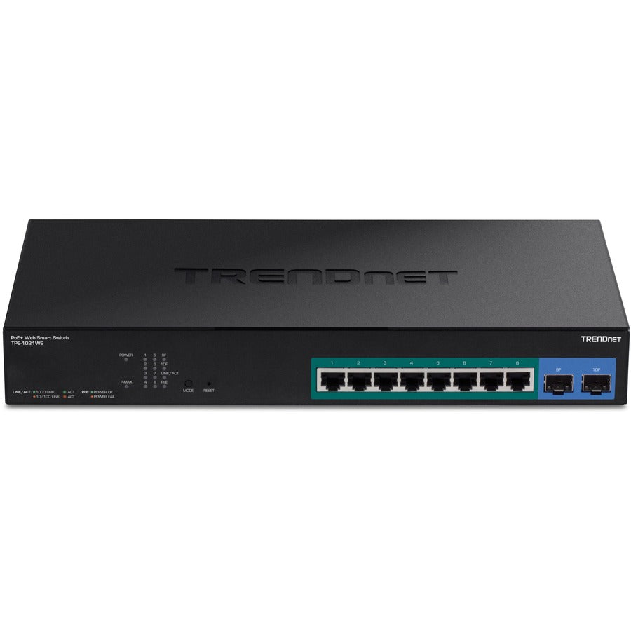 TRENDnet 10-Port Gigabit Web Smart PoE+ Switch with 8 Gigabit PoE+ Ports, 2 SFP Slots, 130W PoE Budget, VLAN, QoS, LACP, IPv4/IPv6 Static Routing, Black, TPE-1021WS