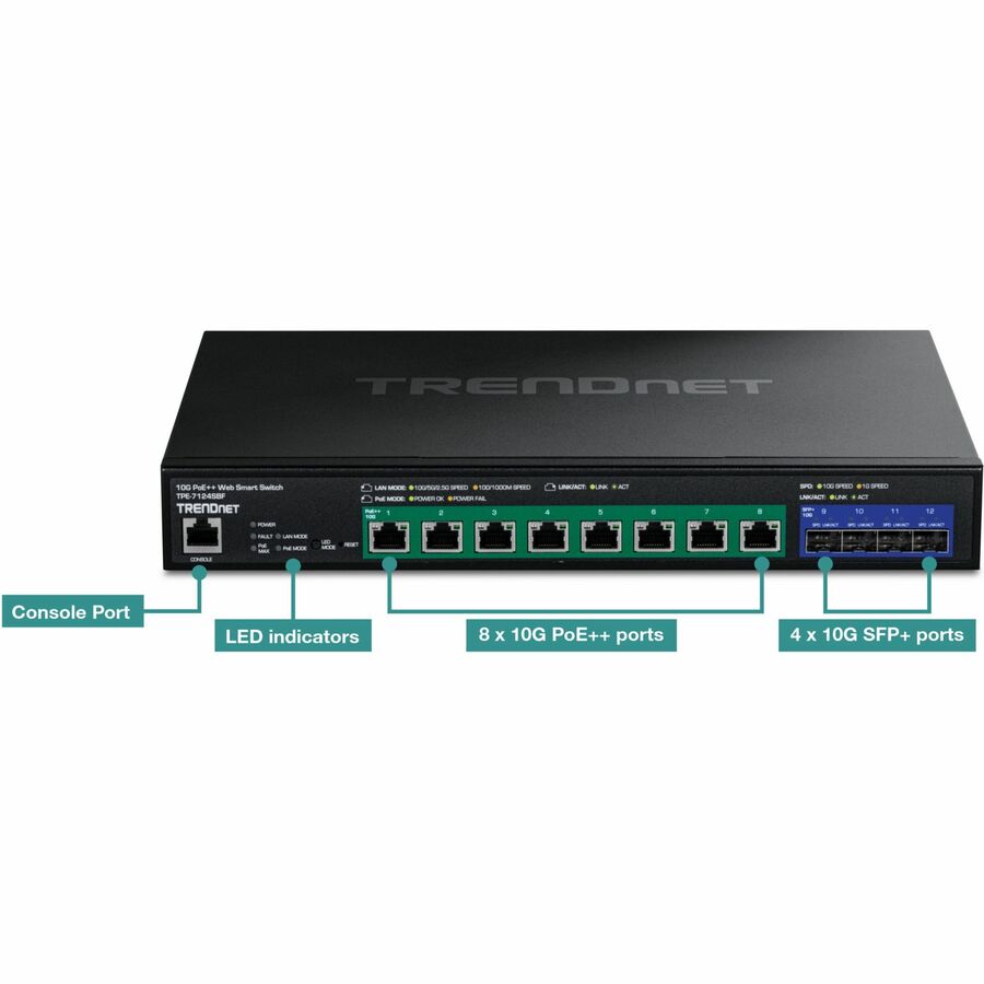 TRENDnet 12-Port 10G PoE++ Web Smart Switch, TPE-7124SBF, 720W PoE Power Budget, 8 x 10G PoE++ Ports, 4 x 10G SFP+ Ports, NDAA TAA Compliant, 1U 19" Rack Mountable, Lifetime Protection