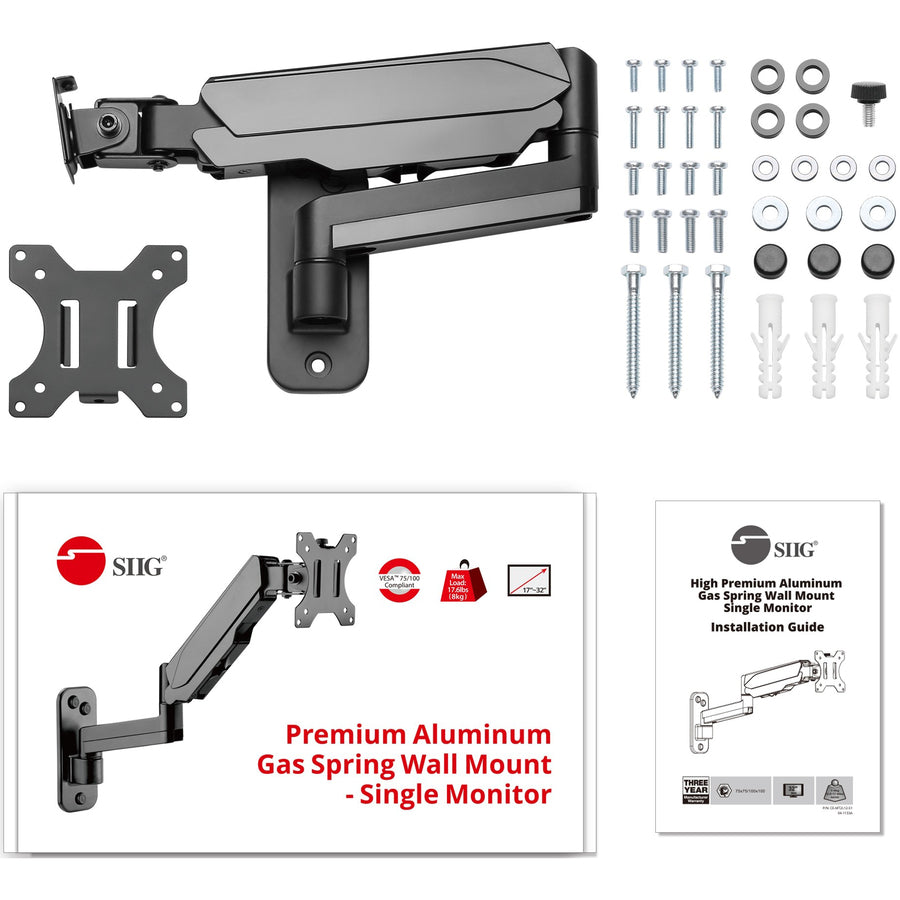 High Premium Aluminum Gas Spring Wall Mount - Single Monitor 17" to 34" - weight up to 19.8 lbs — CE-MT2L12-S1