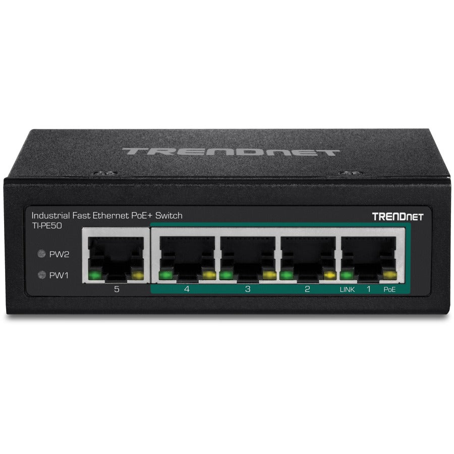 TRENDnet 5-Port Industrial Fast Ethernet DIN-Rail Switch, TI-PE50, Ethernet Splitter, NDAA & TAA Compliant, 90W, DIN-Rail, IP30 Rated, Lifetime Protection, Black — TI-PE50