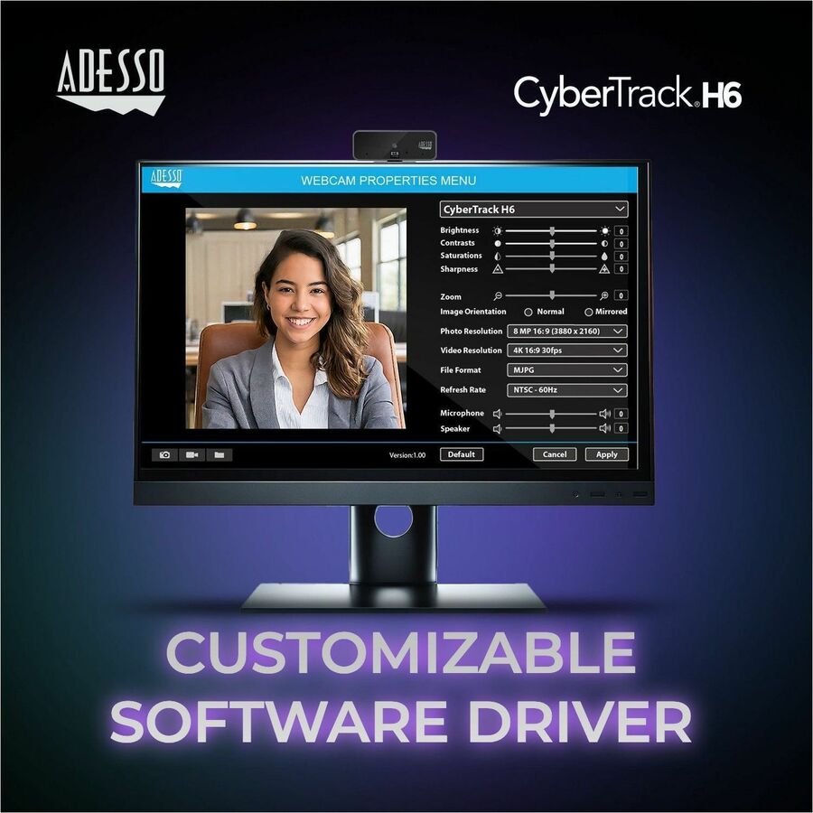 Adesso CyberTrack H6 4K Ultra HD Webcam - 8 Megapixel - 30 fps - USB 2.0 - Fixed Focus - Tripod mount - Privacy shutter — CYBERTRACK H6