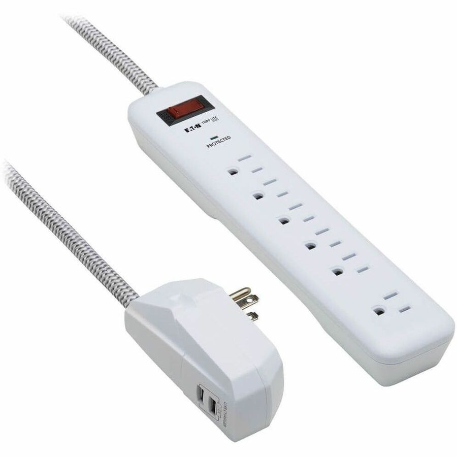 Eaton Tripp Lite Series 7-Outlet Surge Protector - 6 on strip/1 in detachable plug, 2 USB Ports (2.4A Shared), Detachable Charger Plug, 6 ft. Cord, 5-15P Plug, 900 Joules, White — TLP616USB