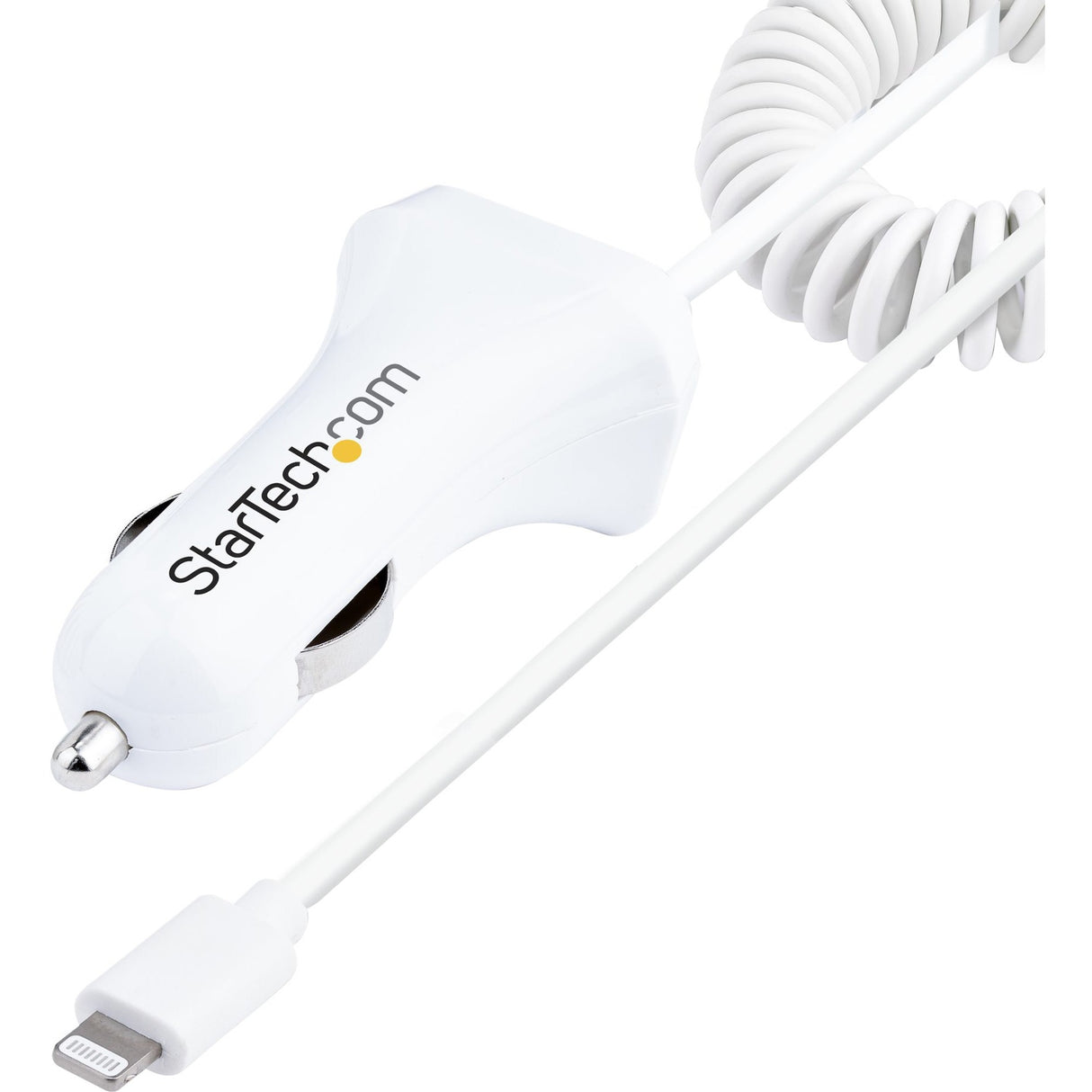 StarTech.com Lightning Car Charger with Coiled Cable, 1m Built-in Cable, 12W, White, 2 Port USB Car Charger Adapter, In Car iPhone Charger — USBLT2PCARW2